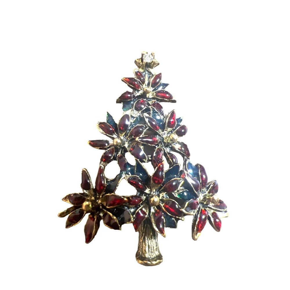 Vintage Lia Christmas Tree Brooch Red Green Crystal Gold Copper Tone